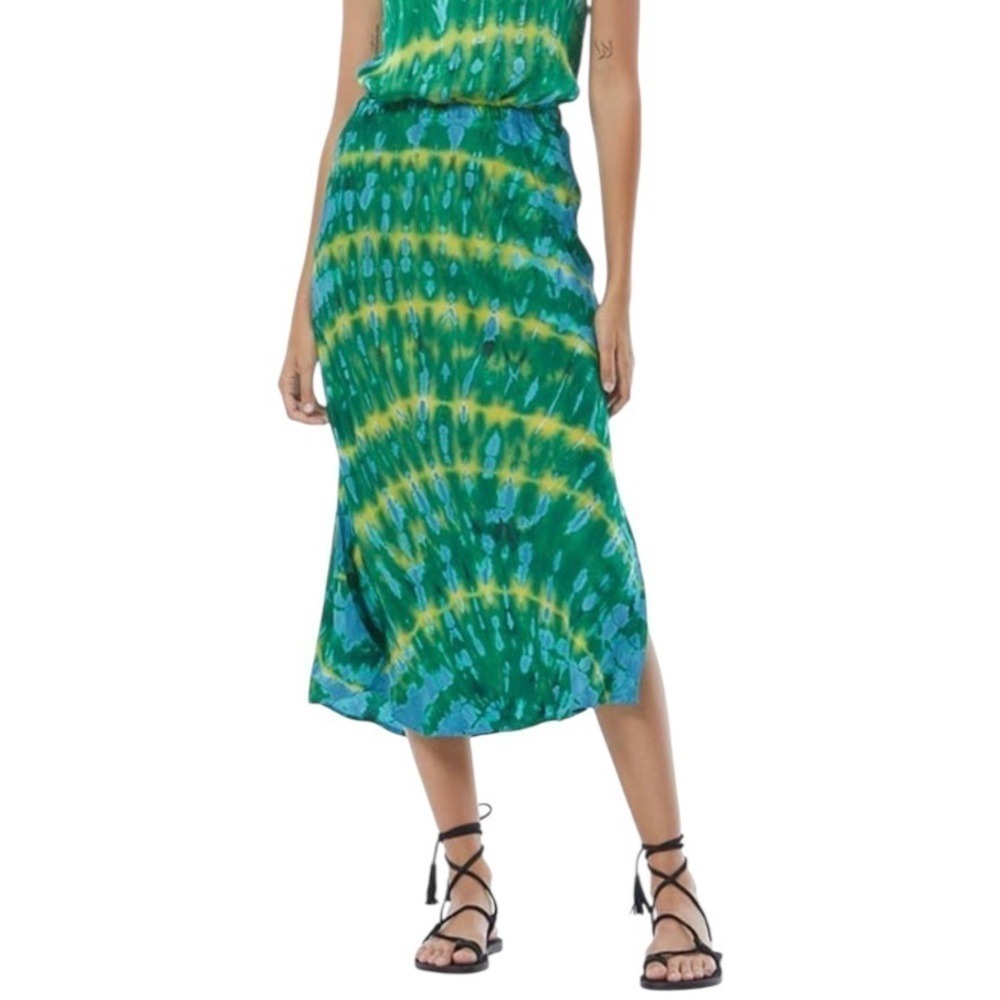 Young Fabulous & Broke Elegant Island Green Blue & Yellow Tie-Dye Midi Skirt